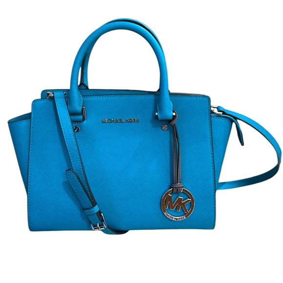 Michael Kors Turquoise Blue Selma Saffiano Leather Medium Satchel - Picture 1 of 15